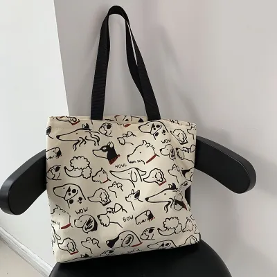 Women's Cartoon Animal Print Large Capacity Canvas Tote Bag with Zipper