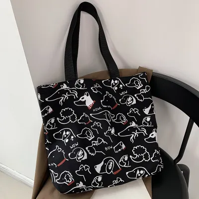Women's Cartoon Animal Print Large Capacity Canvas Tote Bag with Zipper