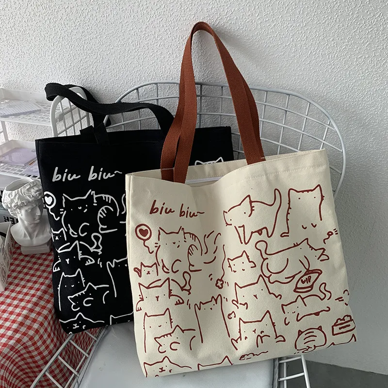 Women's Cartoon Animal Print Large Capacity Canvas Tote Bag with Zipper