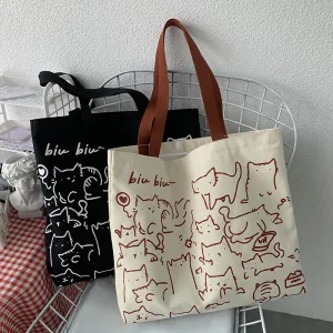 Women's Cartoon Animal Print Large Capacity Canvas Tote Bag with Zipper