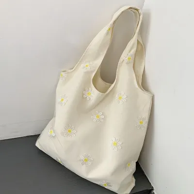Women Lace Floral Mesh Embroidered Large Capacity Canvas Tote Bag