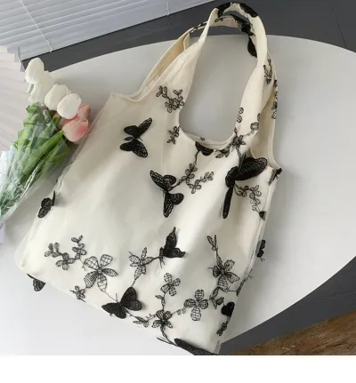 Women Lace Floral Mesh Embroidered Large Capacity Canvas Tote Bag