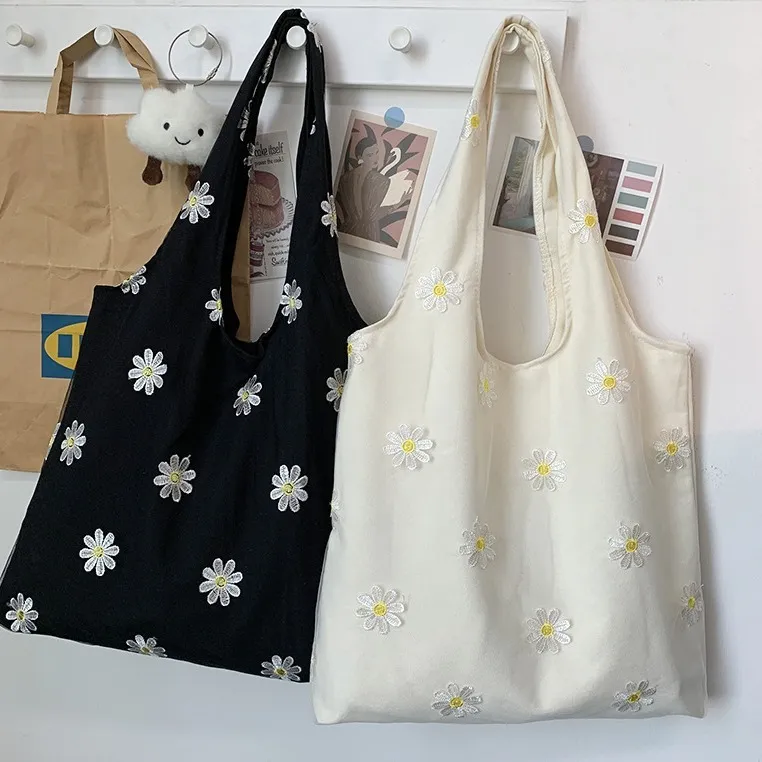 Women Lace Floral Mesh Embroidered Large Capacity Canvas Tote Bag