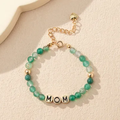 Mother Day Women Simple Mom Letter Natural Green Agate Beaded Bracelet
