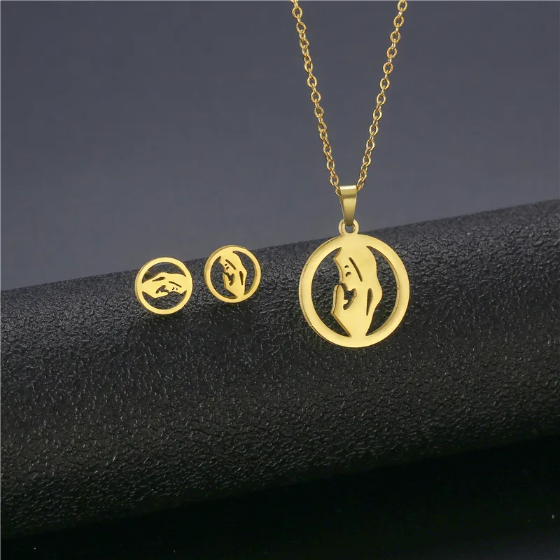 Mother Day Women Simple Round Hollow Pendant Necklace Earrings Set