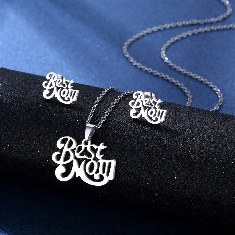 Mother Day Women Simple Letter Pendant Stainless Steel Necklace Earrings Set