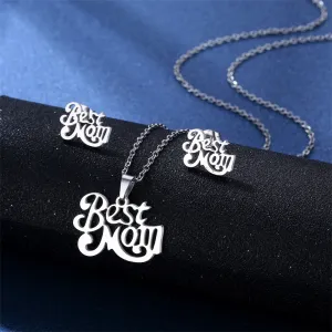 Mother Day Women Simple Letter Pendant Stainless Steel Necklace Earrings Set