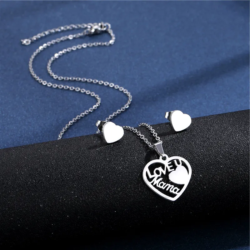 Mother Day Women Simple Heart-Shaped Hollow Letter Pendant Necklace Earrings Set