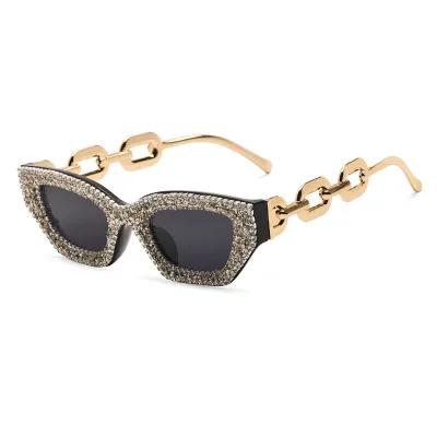Women Simple Fashion Cat Eye Rhinestone Metal Chain Sunglasses