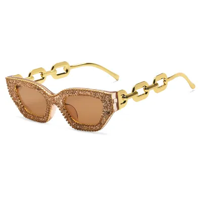 Women Simple Fashion Cat Eye Rhinestone Metal Chain Sunglasses