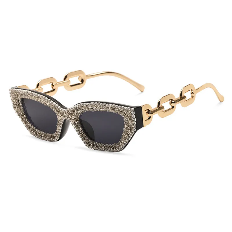 Women Simple Fashion Cat Eye Rhinestone Metal Chain Sunglasses