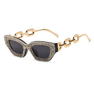 Women Simple Fashion Cat Eye Rhinestone Metal Chain Sunglasses