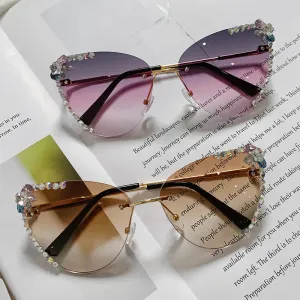 Women Fashion Simple Gradient Rhinestone Decorative Cat Eye Sunglasses