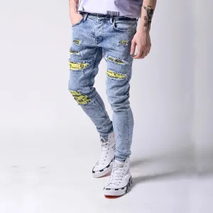 Men Fashion Casual Letter Print Jogger Ripped Jeans