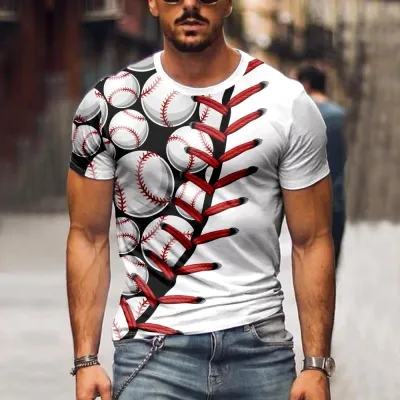 Camiseta de cuello redondo de manga corta de talla grande con estampado de béisbol informal a la moda para hombre