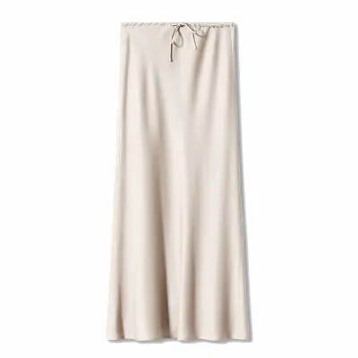 Women Elegant Solid Color High Waist Drawstring Satin Skirt