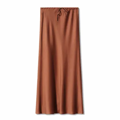 Women Elegant Solid Color High Waist Drawstring Satin Skirt