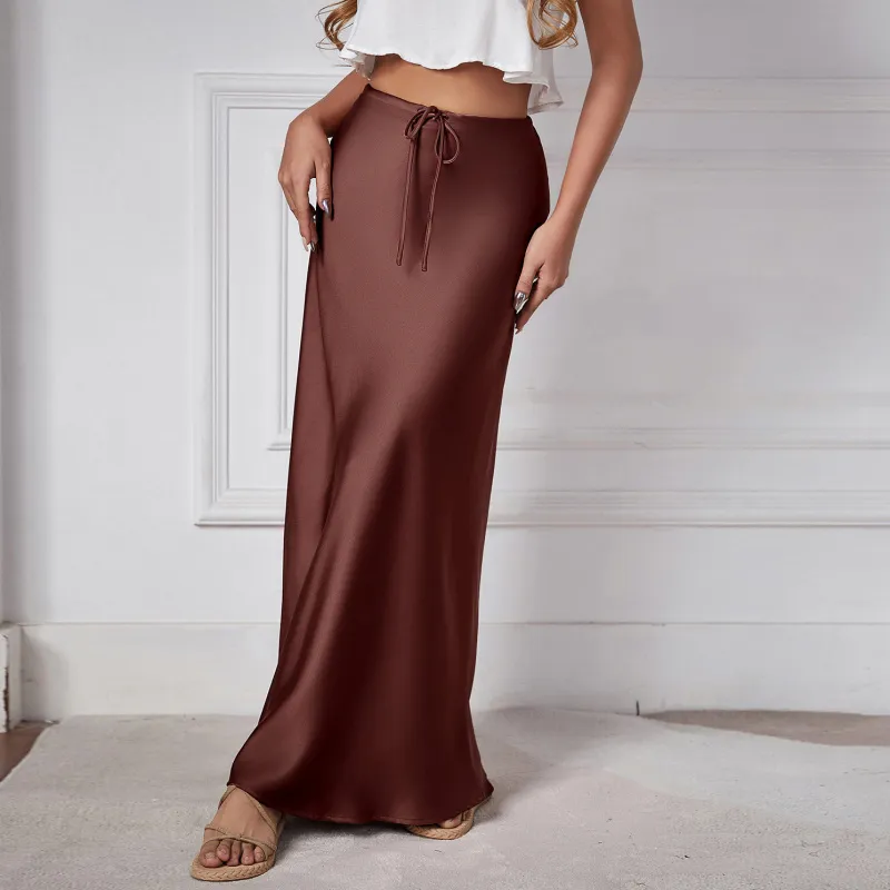 Women Elegant Solid Color High Waist Drawstring Satin Skirt