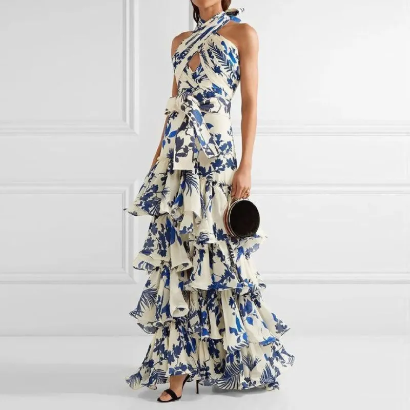 Summer Bohemian Halter Backless Maxi Dress with Geometric Print