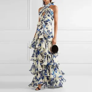Summer Bohemian Halter Backless Maxi Dress with Geometric Print
