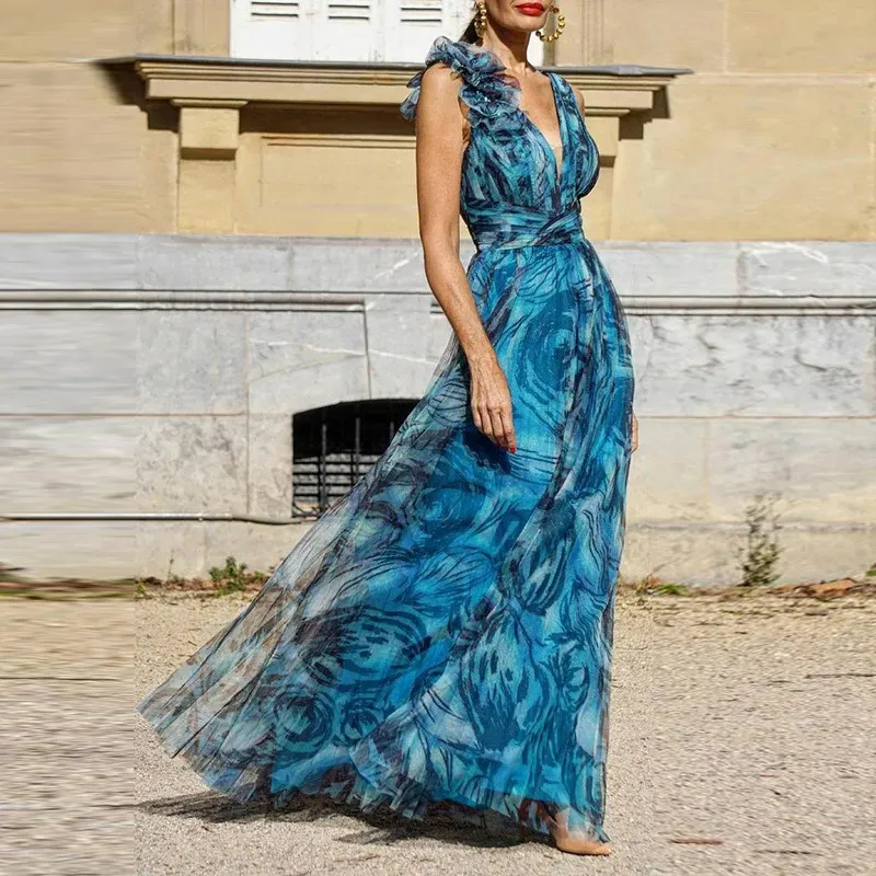 Summer Bohemian Women Casual Mesh Floral Maxi Dress
