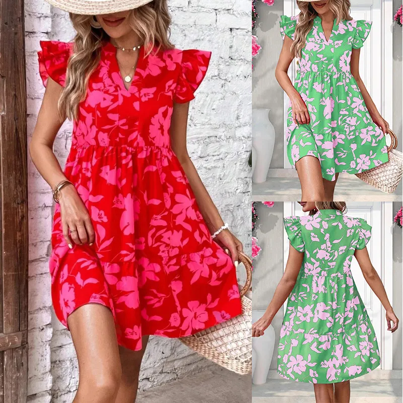 Summer Vacation Bohemian Style Women Casual Flower Motion Ruffle Midi Dress