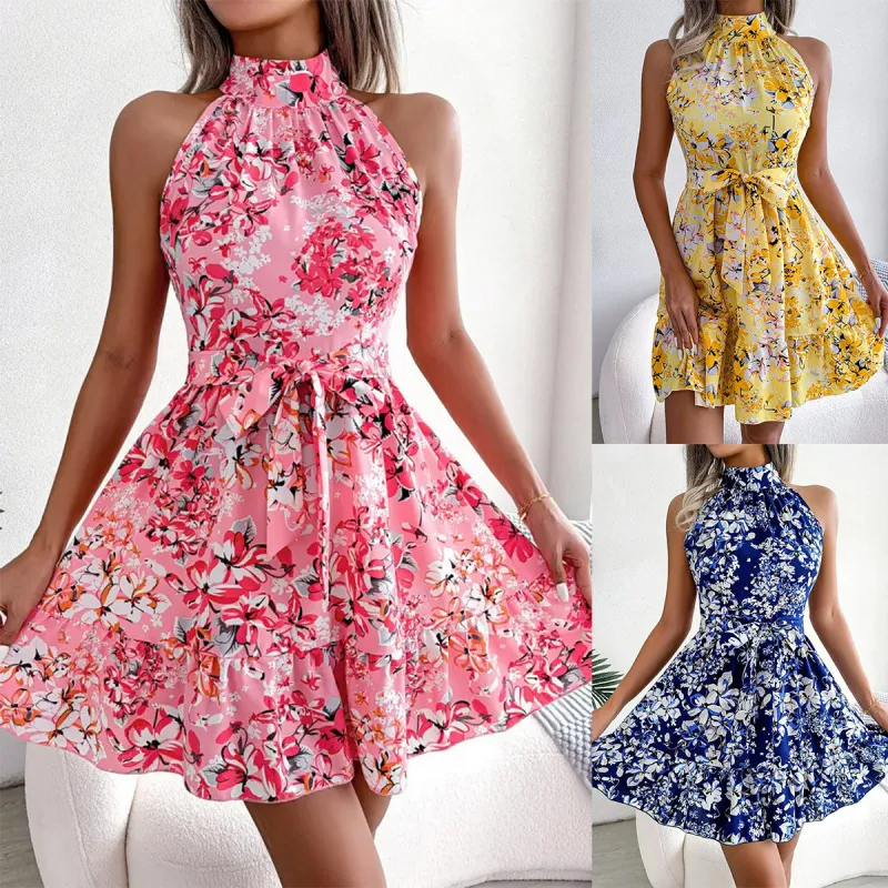Vacation Women Fashion Flower Print Sleeveless A-Line Dress