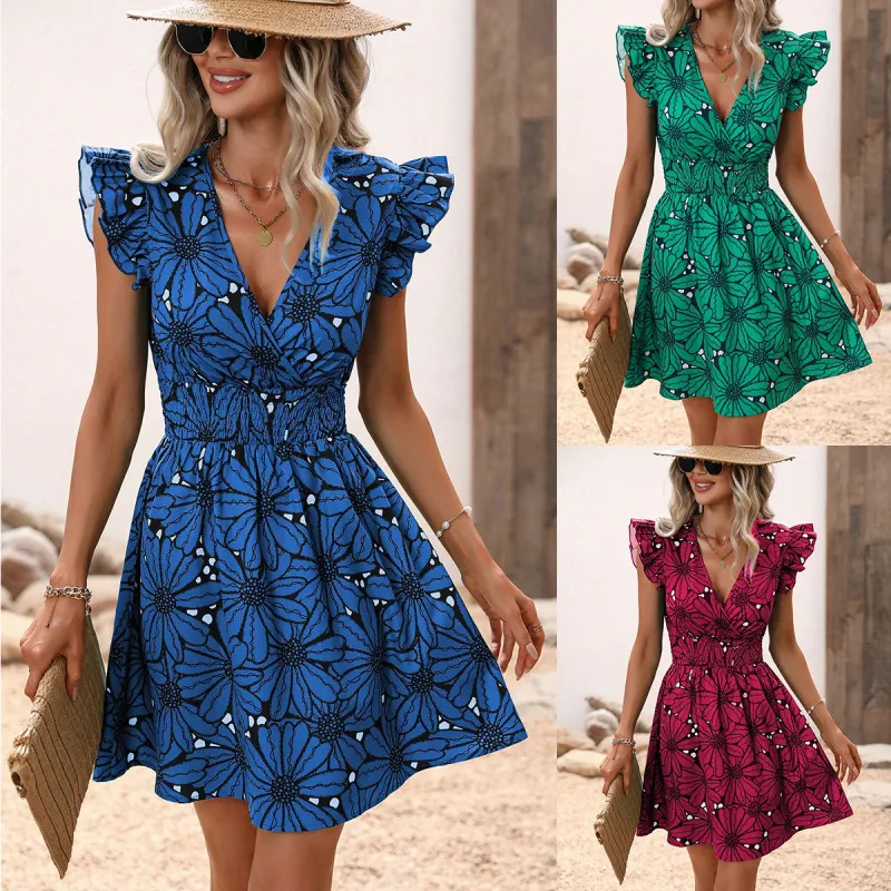Summer Vacation Women V-Neck Floral Print Ruffled Sleeveless Dress