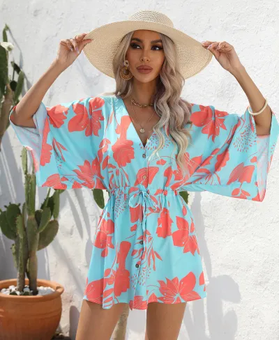 Women Casual Street Hipster Leaf Print Dress with V-Neck and Half Sleeve