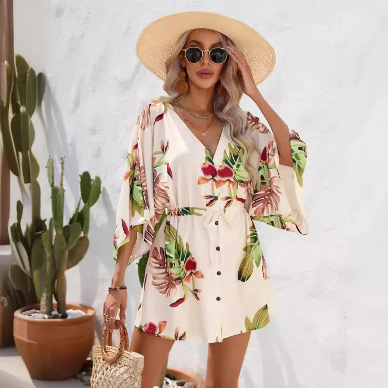 Women Casual Street Hipster Leaf Print Dress with V-Neck and Half Sleeve