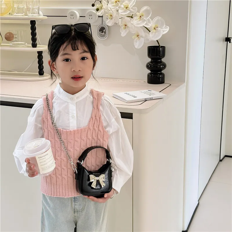 Kids Girls Fashion Casual Bow PU Crossbody Bag with Stripes