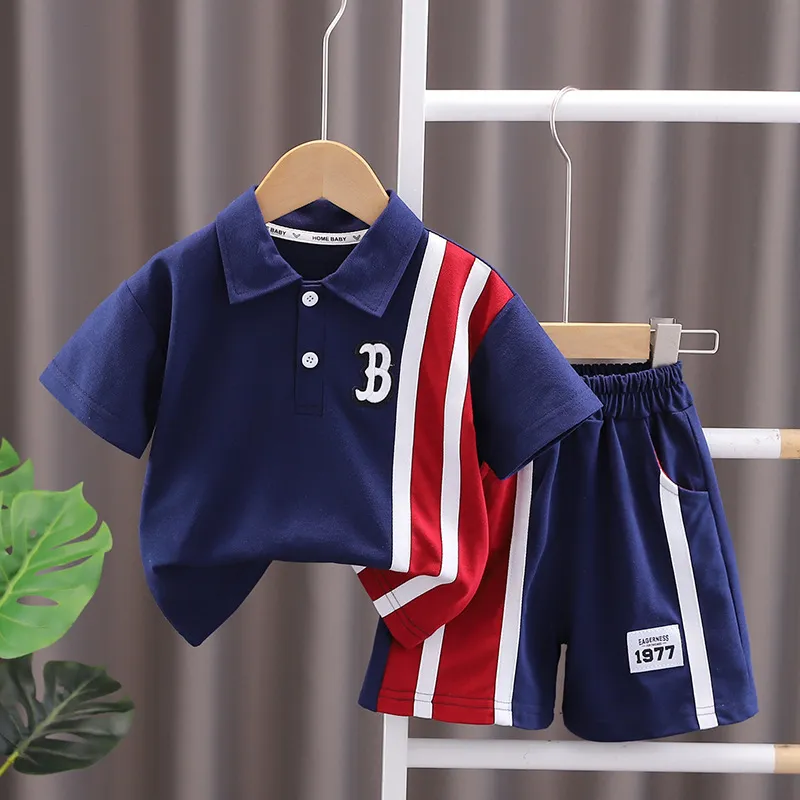 Kids Toddler Boys Fashion Casual Letter Stripe Short Sleeve Lapel Polo Shirt Shorts Set Two-Piece