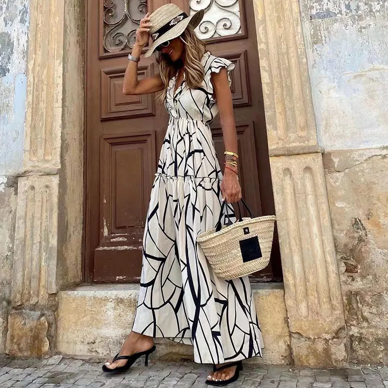 Vacation Women Casual Geometric Print V-Neck Ruffled Maxi Dress