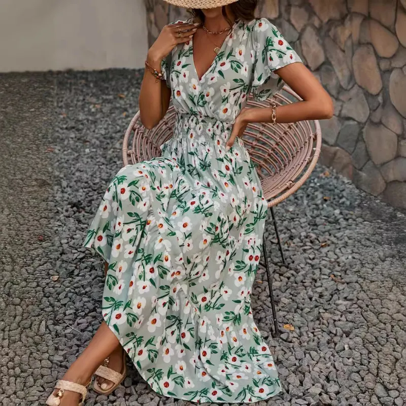 Vacation Women Casual Maxi Dress with Lotus Leaf Sleeves