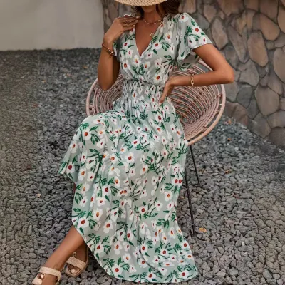 Vacation Women Casual Maxi Dress with Lotus Leaf Sleeves