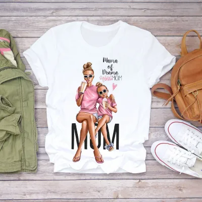 Mother Day Summer Women Fashion Cartoon Parent-Child Letter Print Round Neck Short Sleeve T-Shirt
