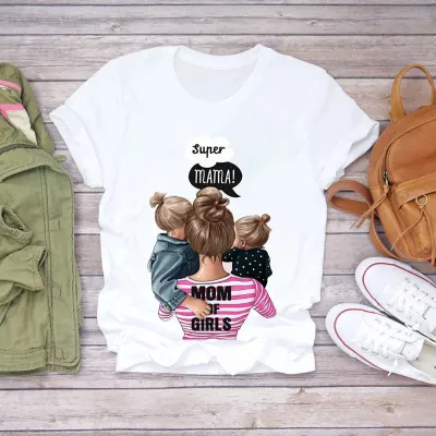 Mother Day Summer Women Fashion Cartoon Parent-Child Letter Print Round Neck Short Sleeve T-Shirt