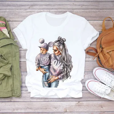 Mother Day Summer Women Fashion Cartoon Parent-Child Letter Print Round Neck Short Sleeve T-Shirt