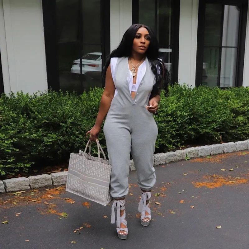 Women Plus Size Deep V Sleeveless Jumpsuits Commuter Wind Capris