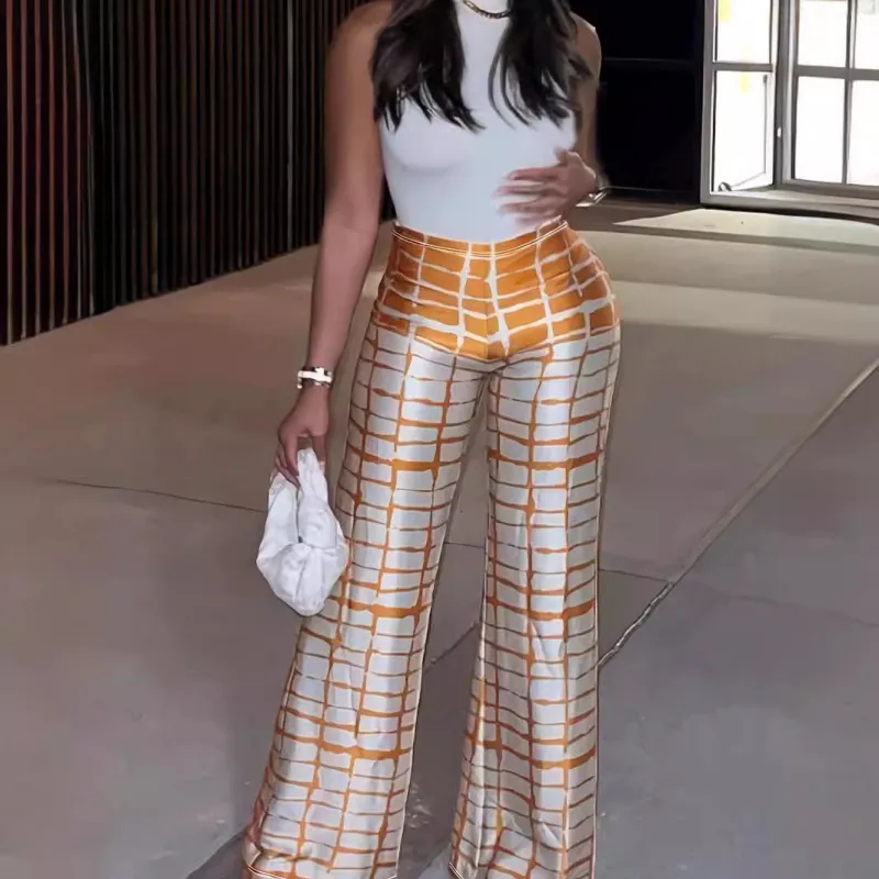 Women Fashion Classic Plus Size Plaid Wide Leg Micro-Type Pants