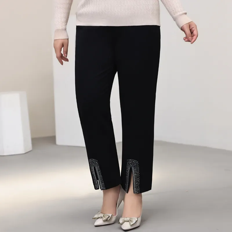 Women Casual High Waist Rhinestone Plus Size Pants