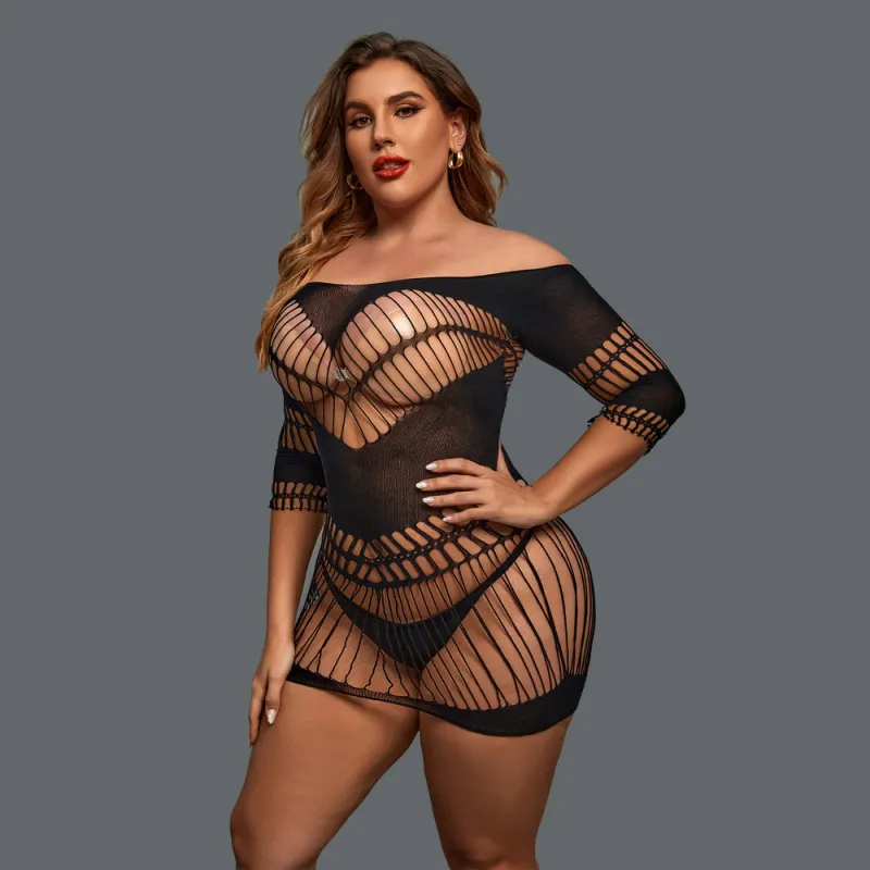 Women Fashion Sexy Plus Size Off Shoulder Hollow-Out See-Through Tight Sleepwear
