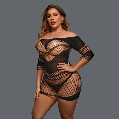 Women Fashion Sexy Plus Size Off Shoulder Hollow-Out See-Through Tight Sleepwear