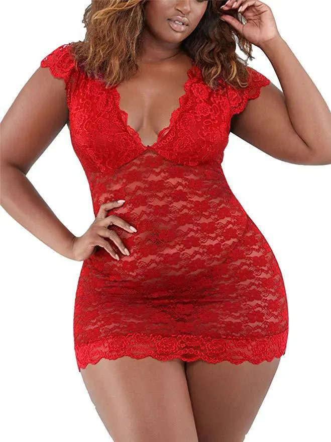 Women Plus Size Deep V Lace Mesh Sexy Pajamas