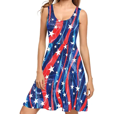 Summer Women American Independence Day Graphic Print Sleeveless Midi Dress