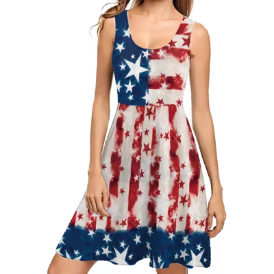 Summer Women American Independence Day Graphic Print Sleeveless Midi Dress