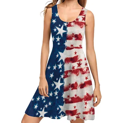 Summer Women American Independence Day Graphic Print Sleeveless Midi Dress