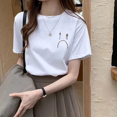 Basic Women Summer Student Printed Round Neck Loose Short-Sleeved T-Shirt