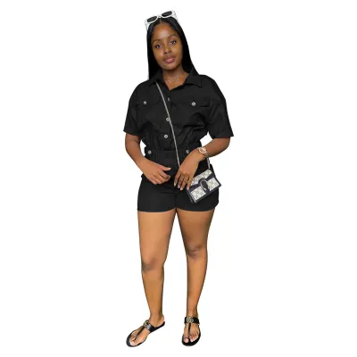 Women Summer Casual Cargo Pocket Short Sleeve Romper