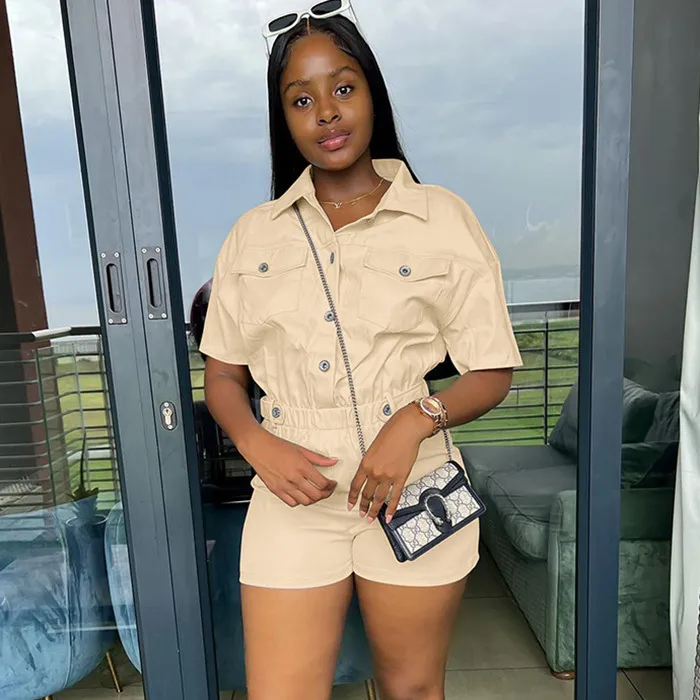 Women Summer Casual Cargo Pocket Short Sleeve Romper
